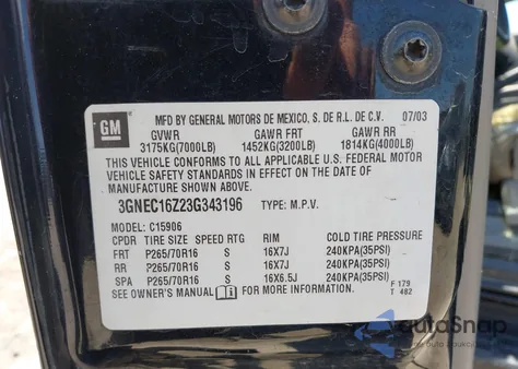 2003 Chevrolet Suburban 1500 Lt z USA, uszkodzony, nr VIN 3GNEC16Z23G343196